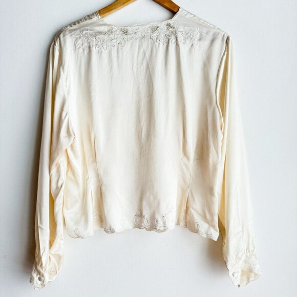 Vintage All Silk Ivory Embroidered Lace Detail Blouse M - Picture 9 of 10